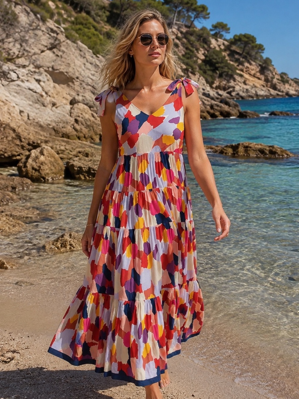 THML Multicolor Abstract Print Cotton Tiered Maxi Sundress Size S